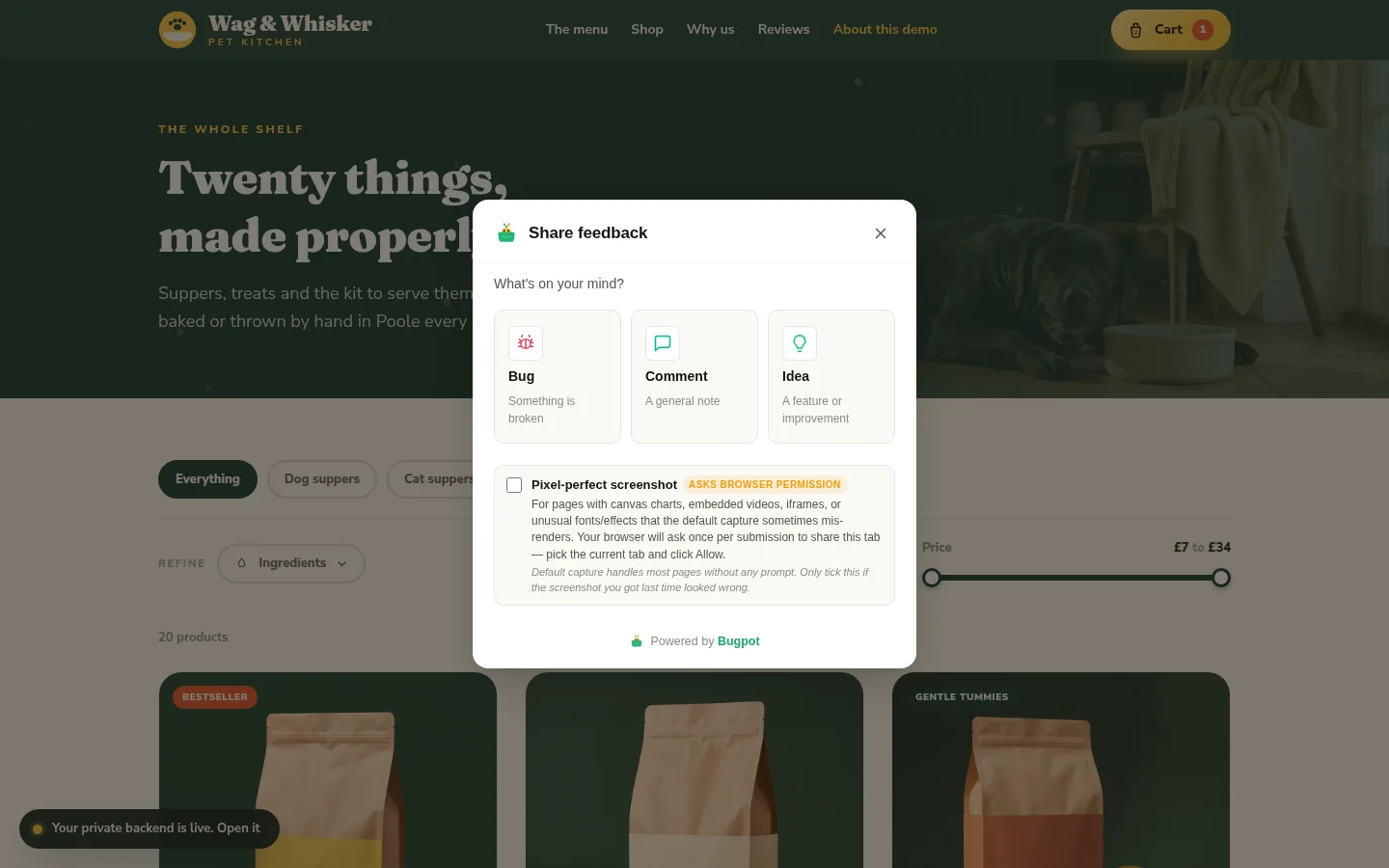 The Bugpot widget open on a pet shop website, showing Bug, Comment and Idea report types